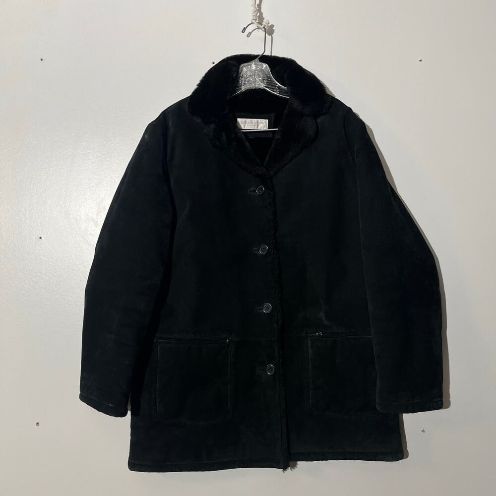 Jones New York Sport Black Suede Leather Faux Fur Trim Coat Jacket Large 33790